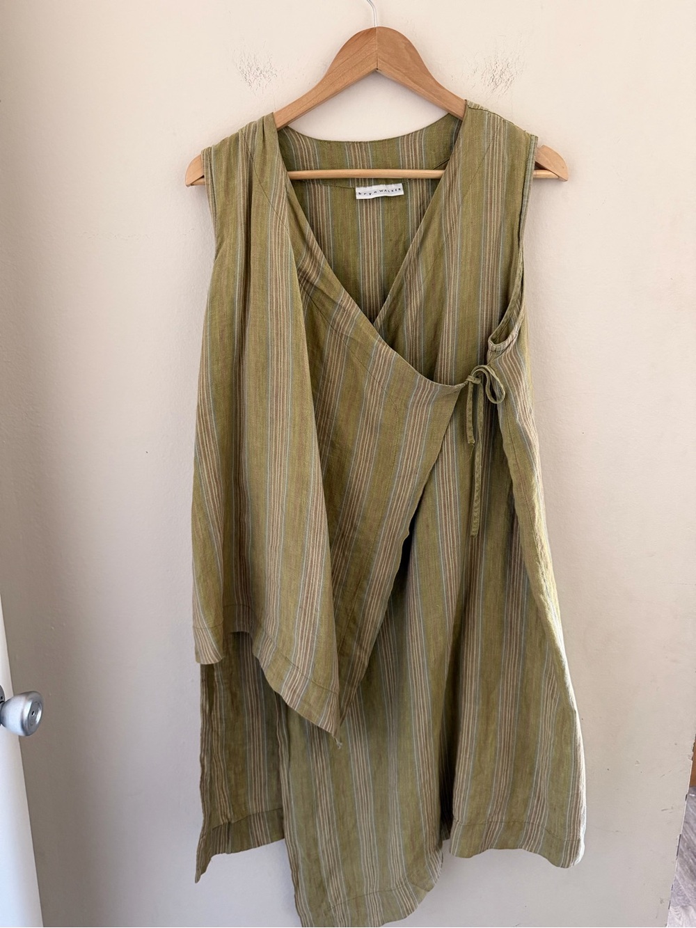 Bryn Walker 100% Linen Striped Lagenlook Wrap Vest Tunic Top Green Asymmetric S